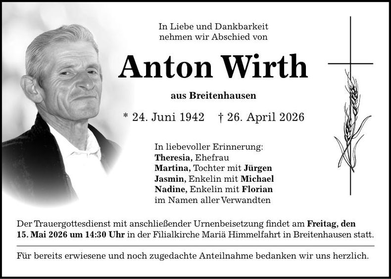 Traueranzeige Anton Wirth