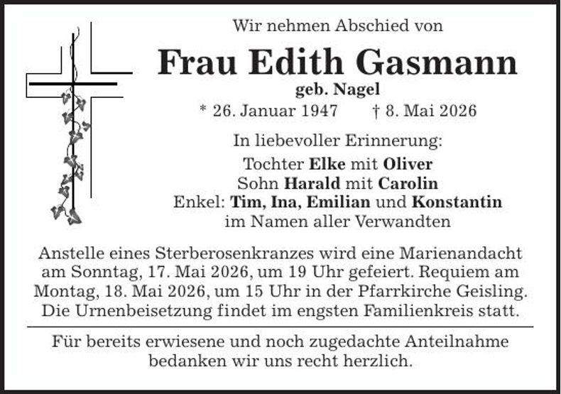 Traueranzeige Edith  Gasmann