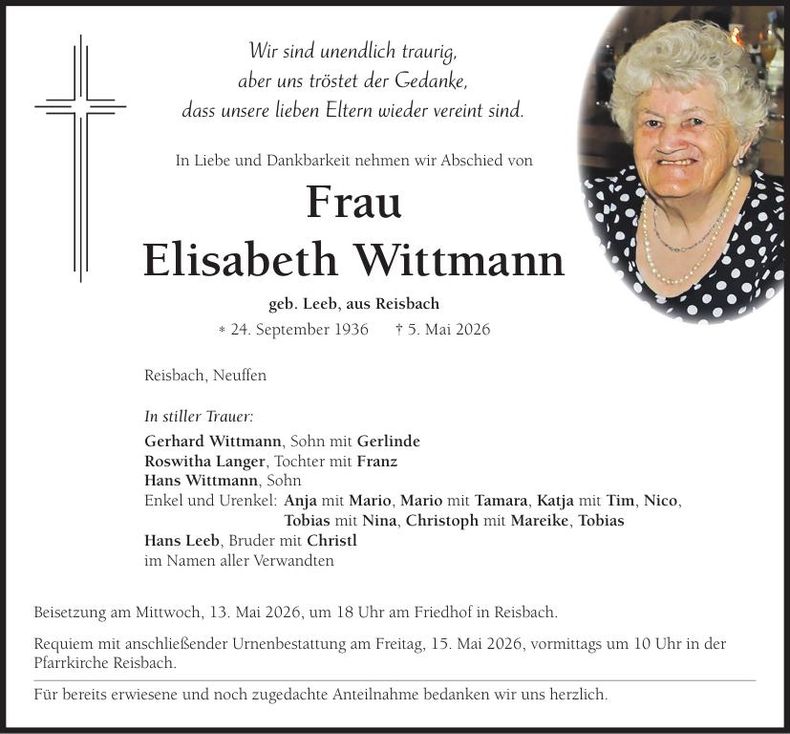 Traueranzeige Elisabeth Wittmann