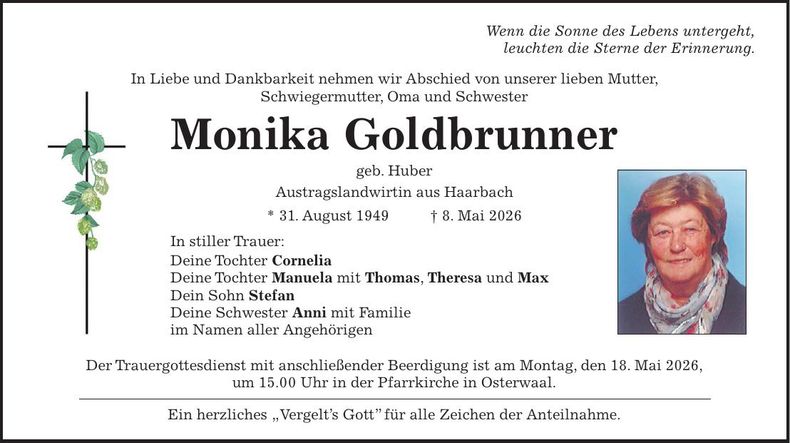 Traueranzeige Monika Goldbrunner