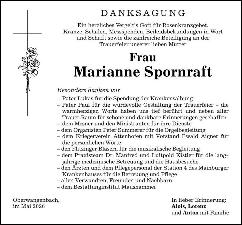 Traueranzeige Marianne Spornraft
