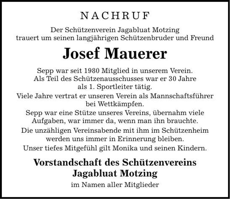 Traueranzeige Josef Mauerer