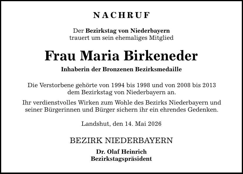 Traueranzeige Maria Birkeneder