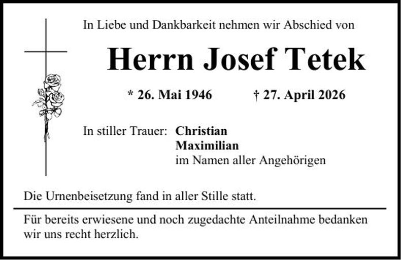 Traueranzeige Josef Tetek