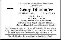 Traueranzeige Georg Oberhofer