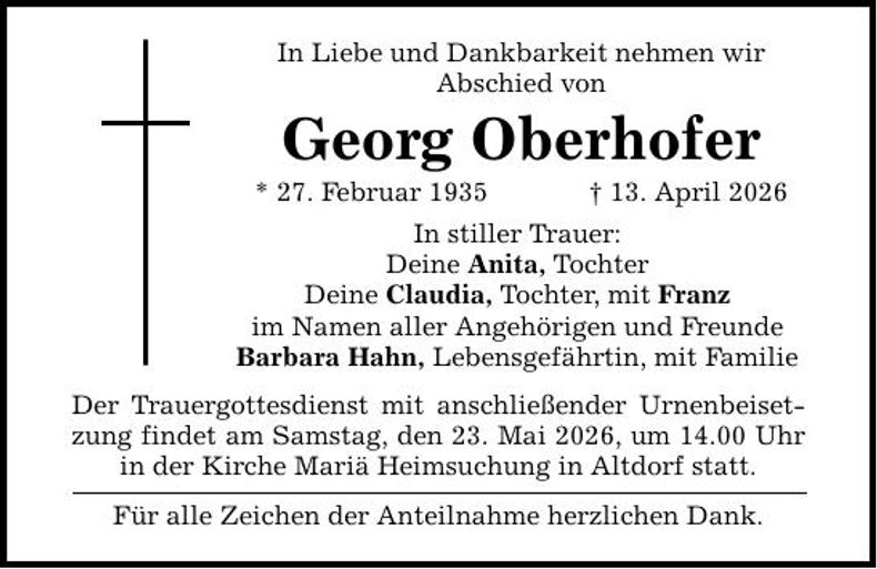 Traueranzeige Georg Oberhofer