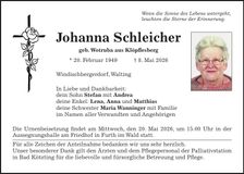 Traueranzeige Johanna Schleicher
