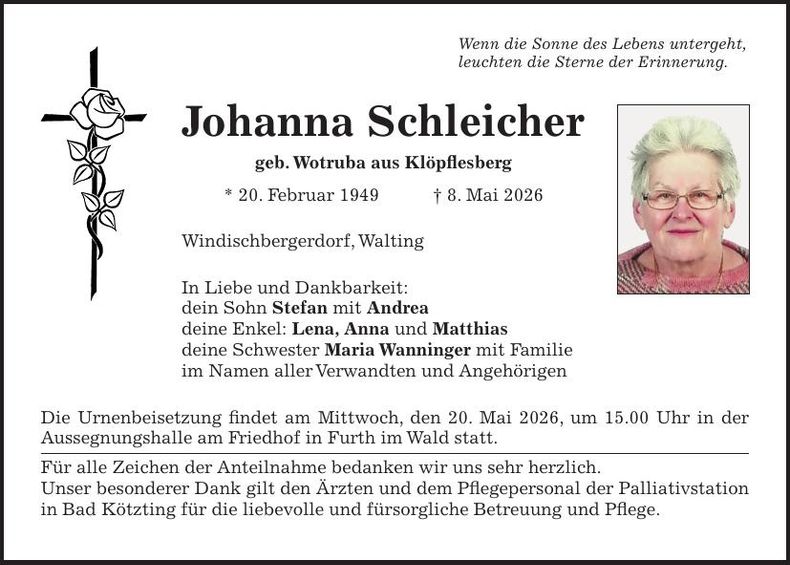 Traueranzeige Johanna Schleicher