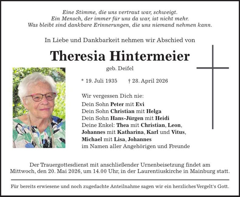 Traueranzeige Theresia Hintermeier