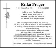 Traueranzeige Erika Prager