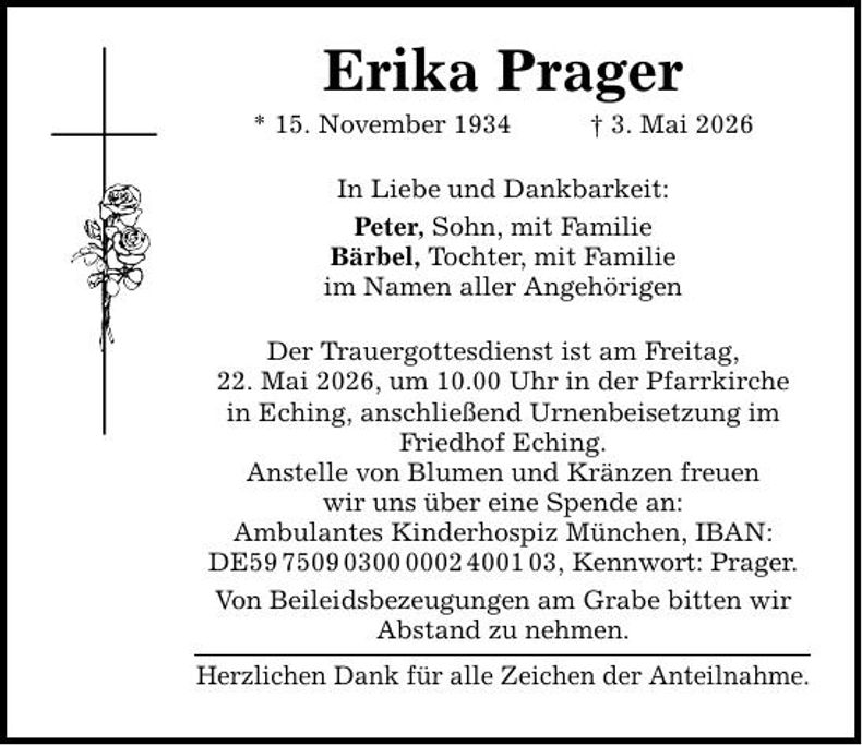 Traueranzeige Erika Prager