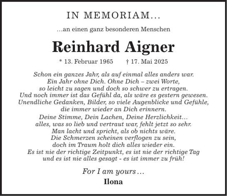 Traueranzeige Reinhard Aigner