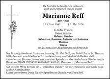 Traueranzeige Marianne Reff