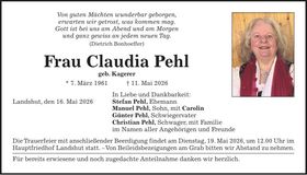 Traueranzeige Claudia Pehl