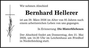 Traueranzeige Bernhard Hellerer