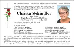 Traueranzeige Christa Schindler