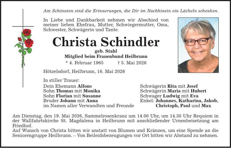 Traueranzeige Christa Schindler