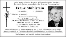 Traueranzeige Franz Mühlstein