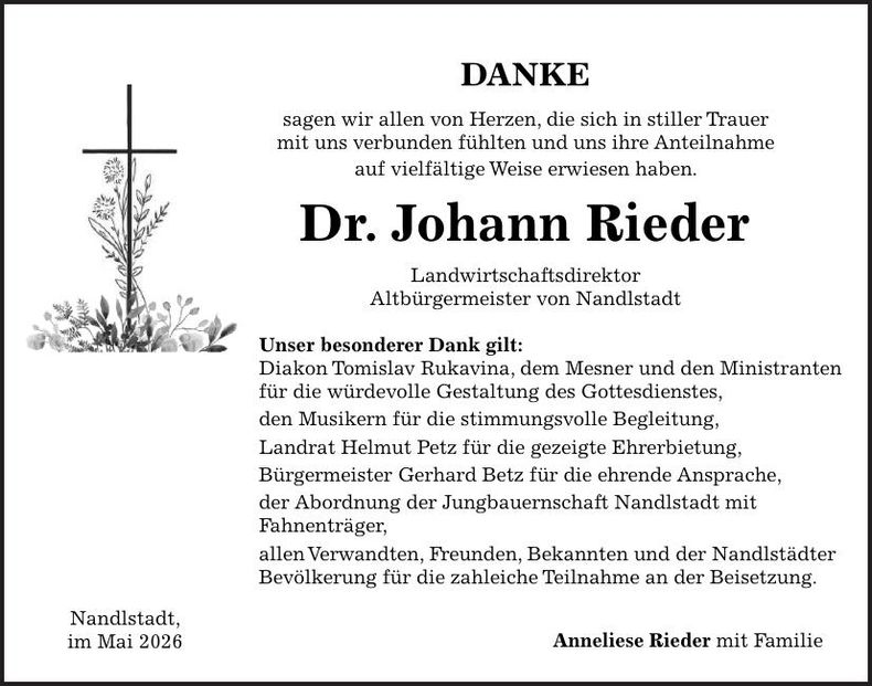 Traueranzeige Johann Rieder