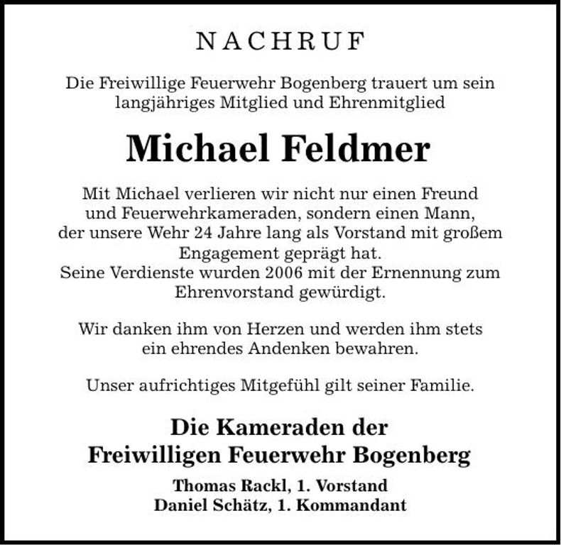 Traueranzeige Michael Feldmer