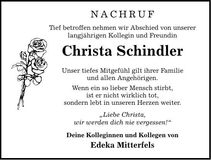 Traueranzeige Christa  Schindler