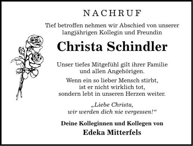 Traueranzeige Christa  Schindler