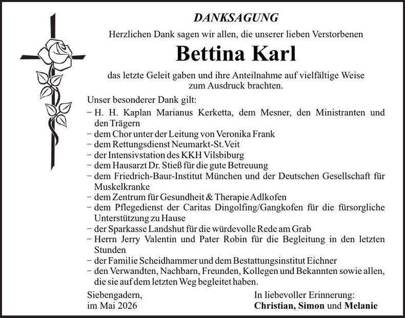 Traueranzeige Bettina Karl