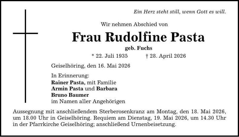Traueranzeige Rudolfine Pasta