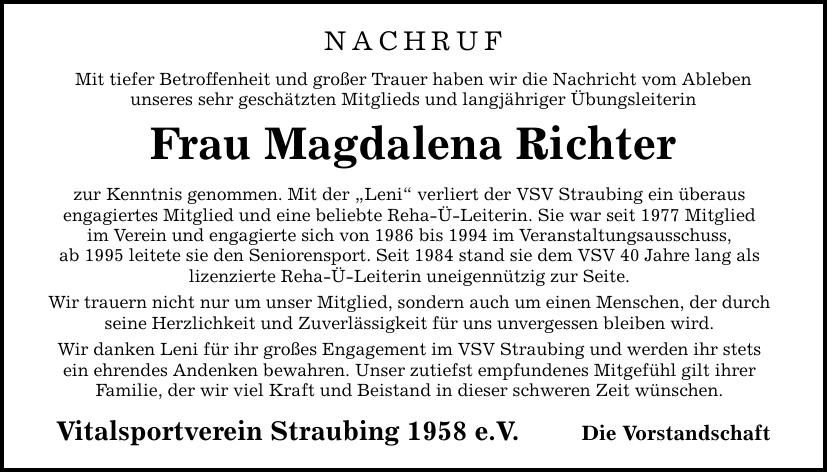 Traueranzeige Magdalena Richter