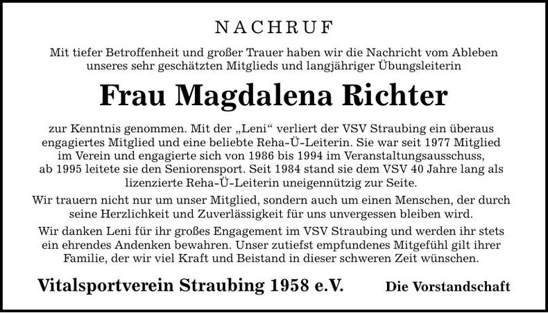 Traueranzeige Magdalena Richter
