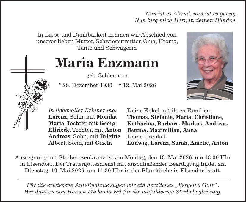 Traueranzeige Maria Enzmann