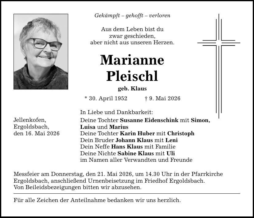 Traueranzeige Marianne Pleischl
