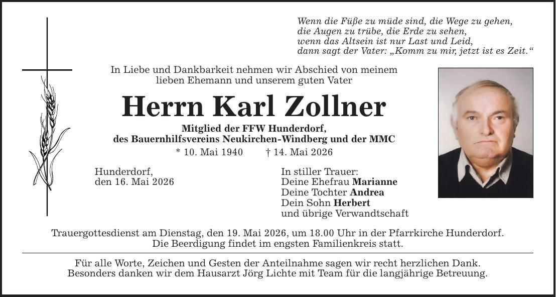 Traueranzeige Karl Zollner