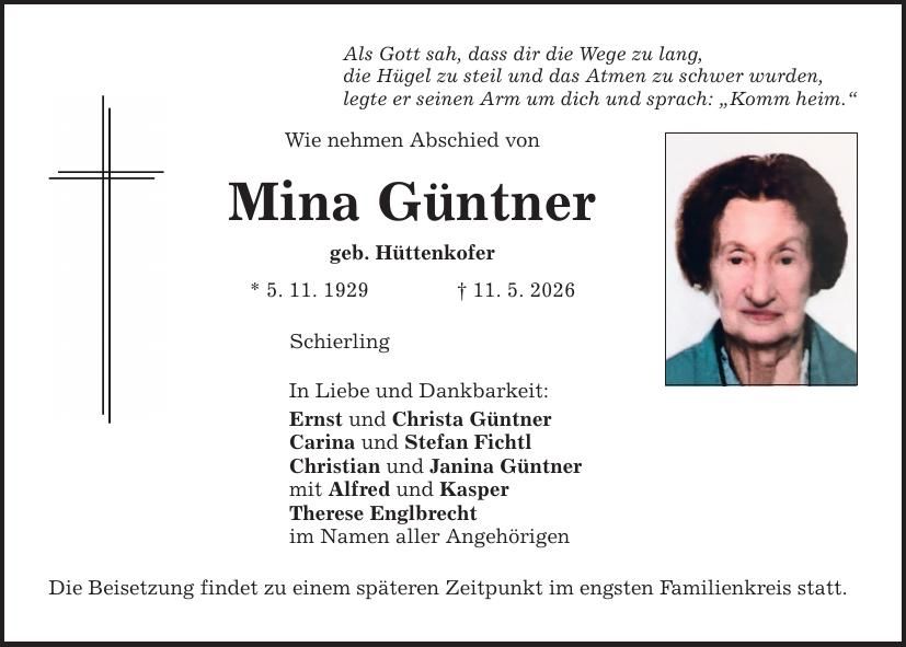 Traueranzeige Mina Güntner