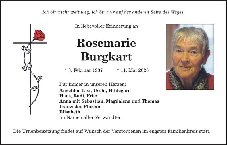 Traueranzeige  Rosemarie   Burgkart