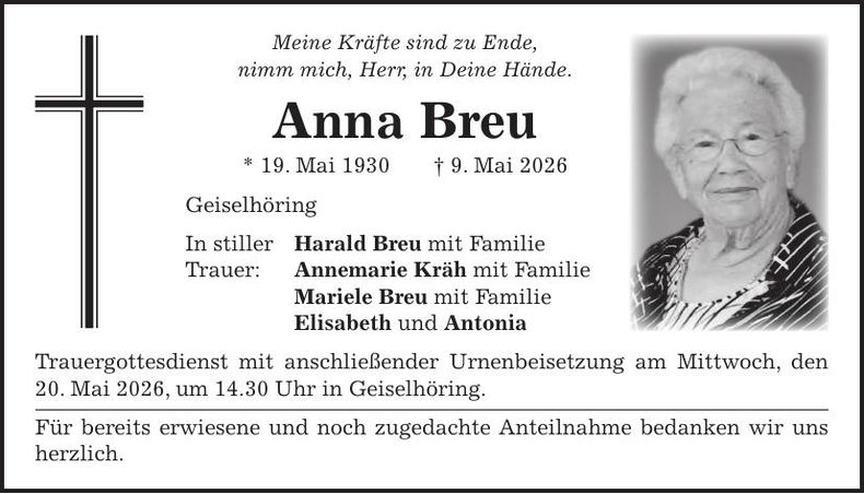 Traueranzeige Anna Breu