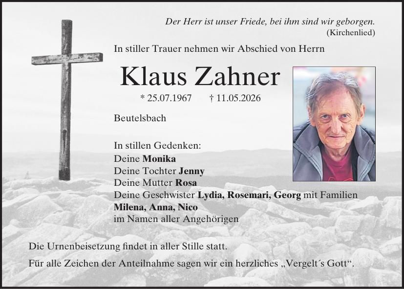 Traueranzeige Klaus Zahner