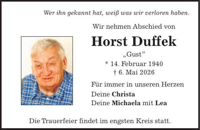 Traueranzeige Horst Duffek