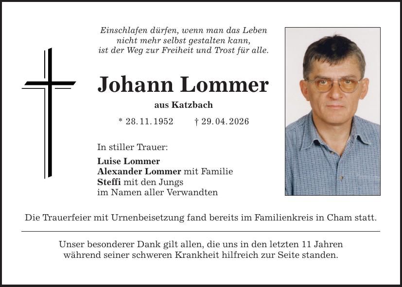 Traueranzeige Johann Lommer