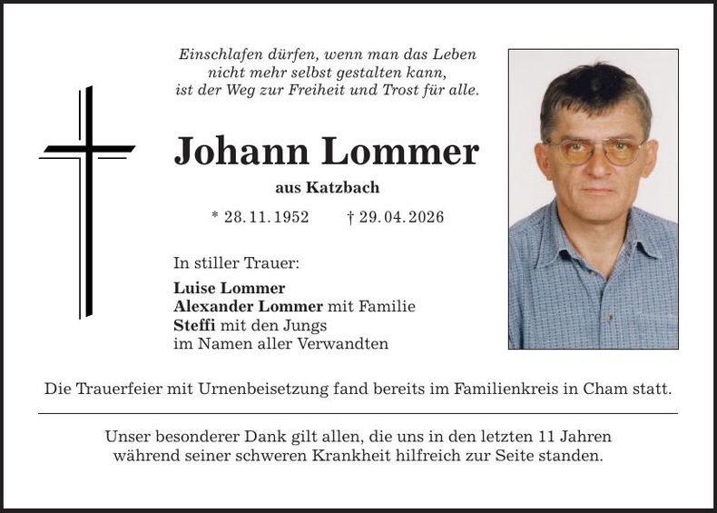 Traueranzeige Johann Lommer
