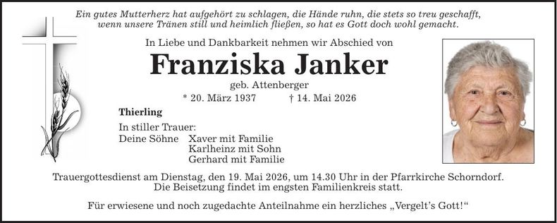 Traueranzeige Franziska Janker
