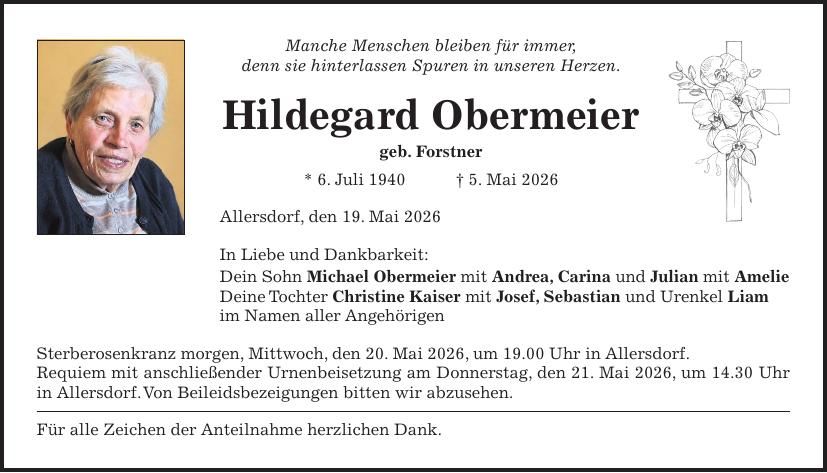 Traueranzeige Hildegard Obermeier