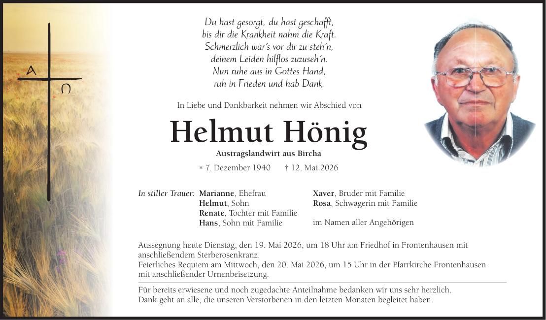 Traueranzeige Helmut Hönig