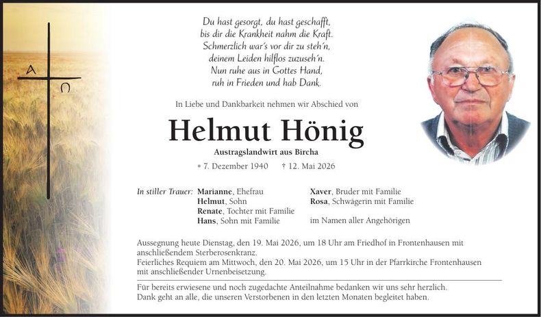 Traueranzeige Helmut Hönig