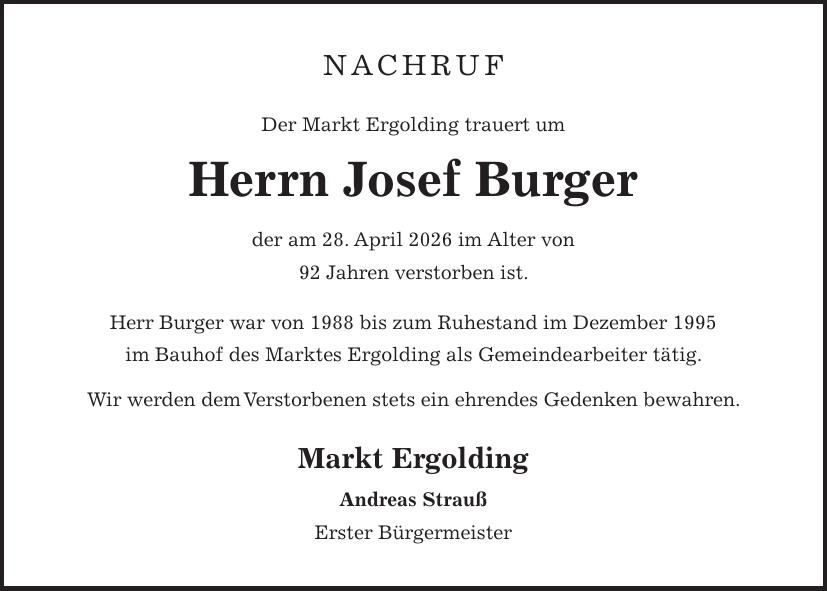 Traueranzeige Josef Burger