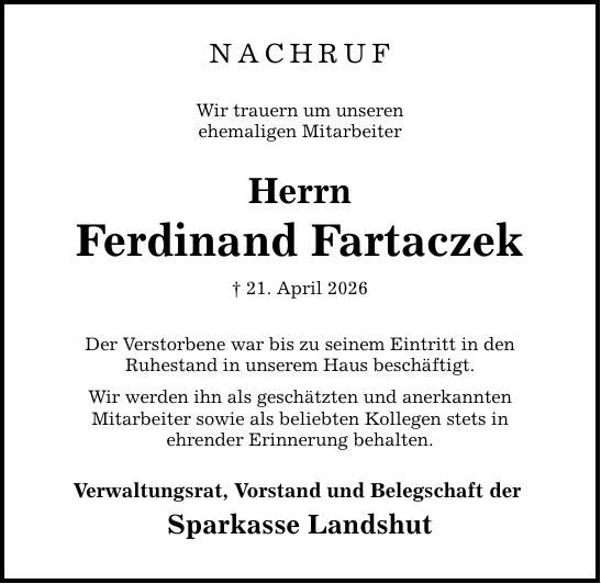 Traueranzeige Ferdinand Fartaczek