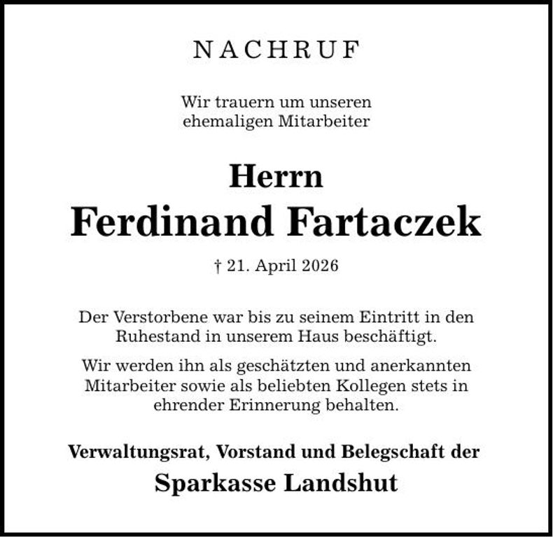 Traueranzeige Ferdinand Fartaczek