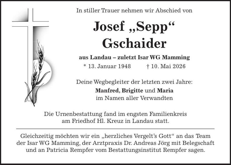 Traueranzeige Josef Gschaider
