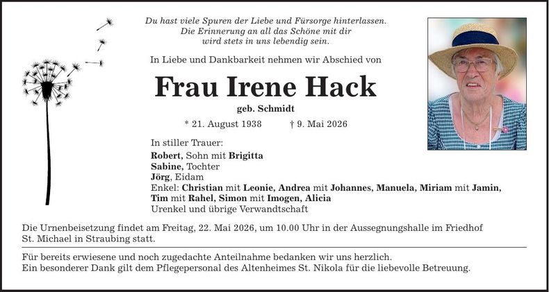 Traueranzeige Irene Hack