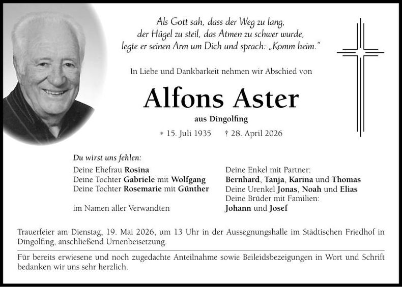 Traueranzeige Alfons Aster